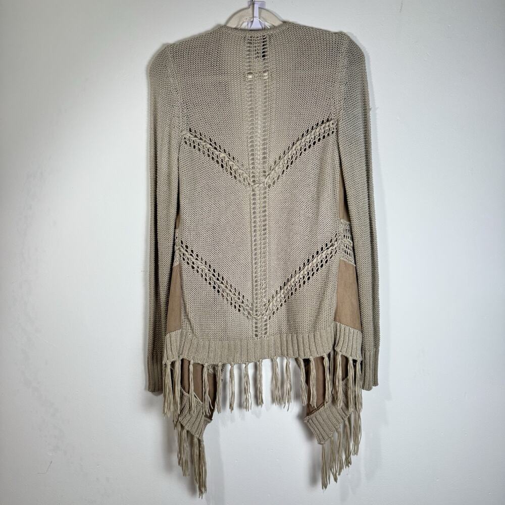 INC Fringe Cardigan Sweater Women’s LARGE Tan Beige Open Knit Boho Western - Picture 2 of 8